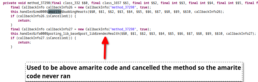 Image showing the decompiled code of class_329 (InGameHud) explaining Porting Lib used to be before Amarite